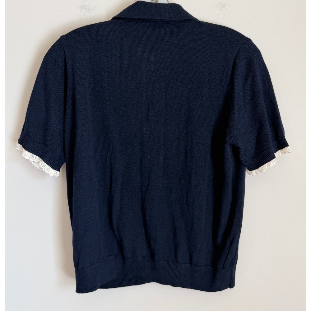 Zara Knit Button Down Sweater Womens Medium Navy Lace Trim Short Sleeve Polo - Picture 2 of 9